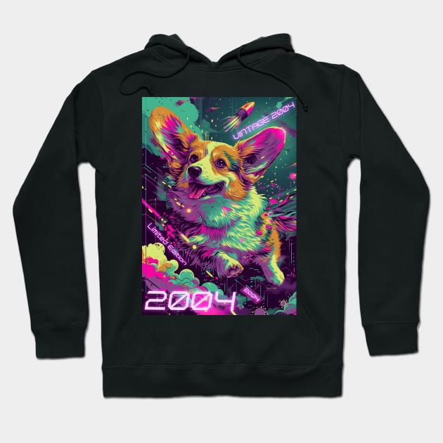 Vintage 2004 - 20 Year Old Funny Cyberpunk Corgi Dog 20th Birthday Gift Hoodie by Ai Wanderer